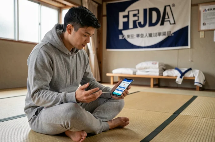 Jeune judoka assis sur le tatami consultant son smartphone pour résoudre un problème de connexion à l'extranet de la FFJDA