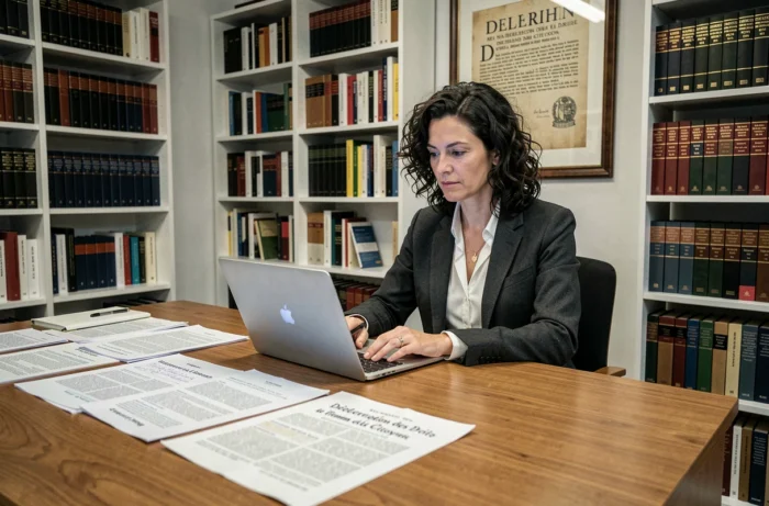 Juriste étudiant la Déclaration des Droits de l'Homme dans un bureau universitaire, représentant l'analyse constitutionnelle de l'article 16