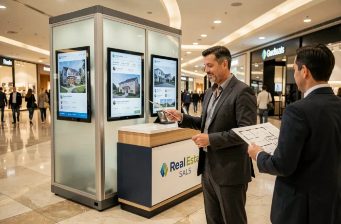 Kiosque de vente immobilière modulaire en centre commercial avec agent et prospect consultant un plan