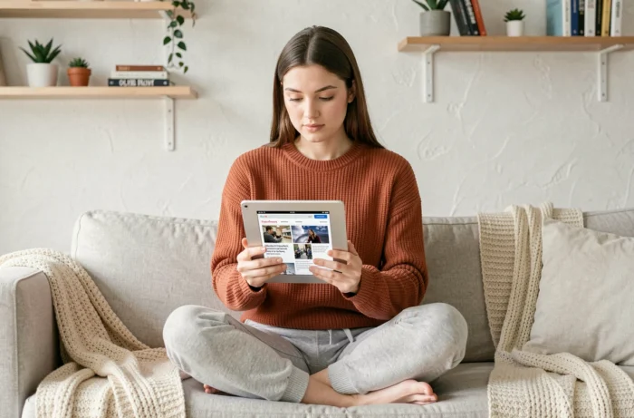 Jeune femme lisant des actualités numériques sur une tablette dans un salon scandinave minimaliste