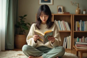 Jeune femme lisant un manga japonais assis sur le sol d'une chambre entourée d'étagères de mangas