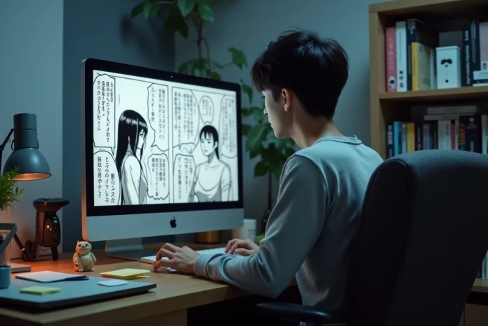Homme lisant un scan manga en ligne sur un ordinateur de bureau dans un bureau à domicile