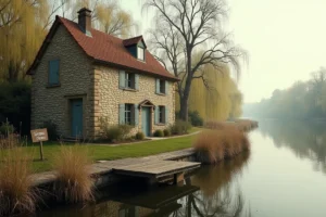 Maison en pierre à vendre au bord d'une rivière en Île-de-France avec ponton en bois et panneau À Vendre
