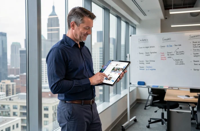 Manager consultant analysant une stratégie de visibilité en ligne sur tablette dans un bureau moderne avec vue sur la ville