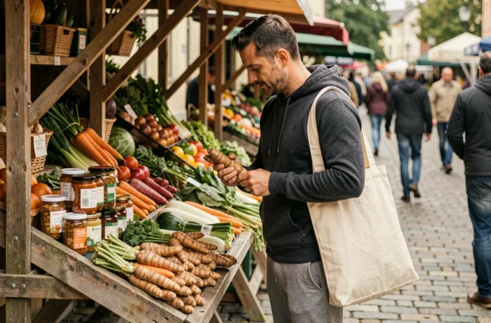 Homme au marché bio choisissant des légumes et plantes adaptogènes pour une alimentation santé tendance