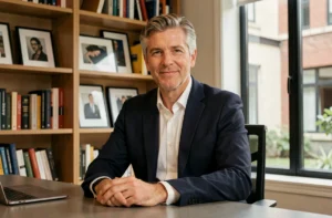 Portrait d'un homme élégant et charismatique assis à un bureau moderne, évoquant le mari mystérieux de Juliette Plumecocq-Mech