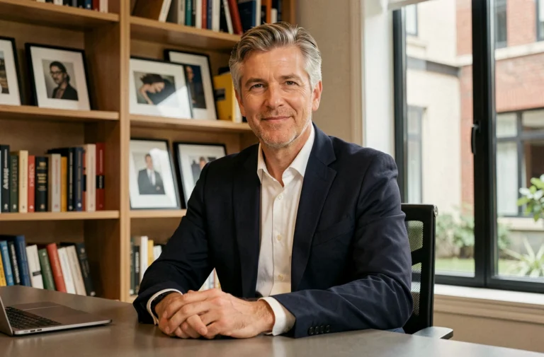 Portrait d'un homme élégant et charismatique assis à un bureau moderne, évoquant le mari mystérieux de Juliette Plumecocq-Mech