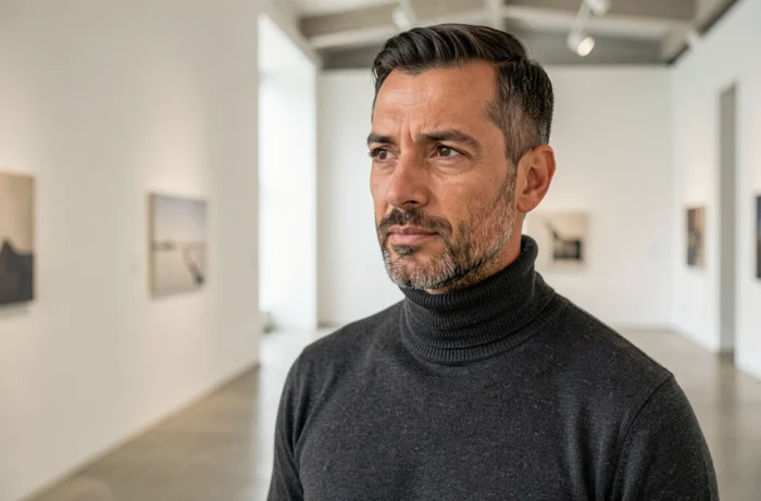 Homme distingué et pensif dans une galerie d'art contemporaine, portrait évocateur du mari fascinant de Juliette Plumecocq-Mech