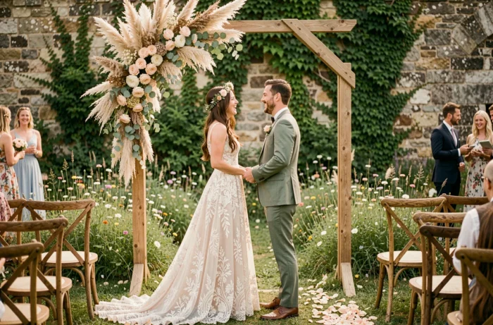 Mariés riant sous une arche bohème en bois décorée de pampa et de roses dans un jardin champêtre