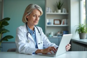 Médecin femme consultant des données de santé numérique sur tablette dans une clinique moderne, illustrant la révolution technologique en santé