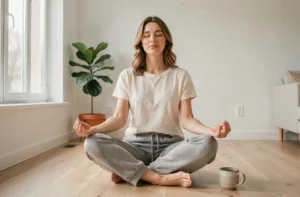 Femme pratiquant la méditation au sol dans un salon minimaliste pour retrouver sérénité et bien-être au quotidien