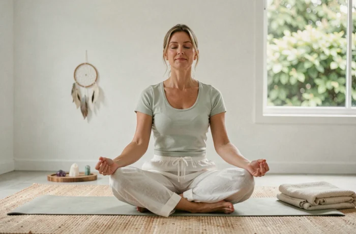 Femme en méditation dans un salon zen, explorant la signification des rêves et l'introspection