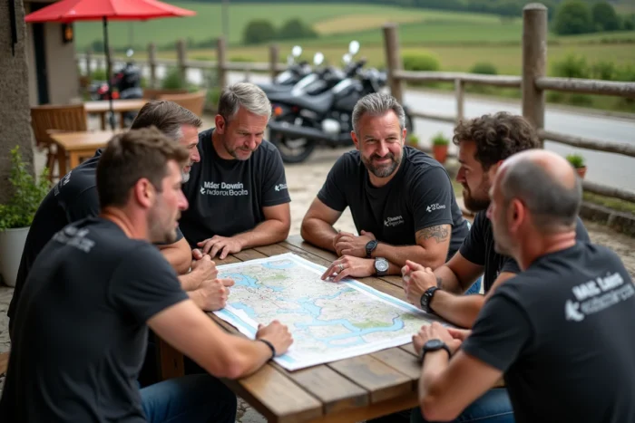 Membres du Motor X Club planifiant une sortie moto autour d'une table en terrasse, consultant une carte routière avec enthousiasme