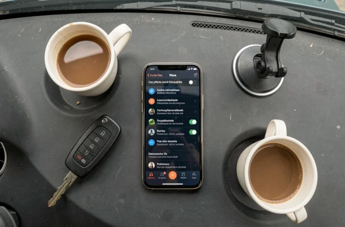 Vue aérienne du menu de sélection de voix Waze affiché sur un smartphone posé sur un tableau de bord de voiture