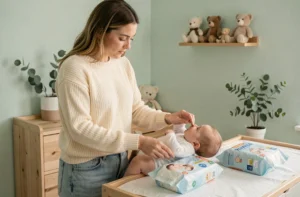 Jeune mère comparant deux paquets de couches Pampers Harmonie et Premium Protection sur une table à langer dans une chambre de bébé cosy