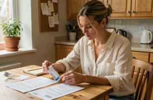 Mère de famille comparant des étiquettes de produits alimentaires à la maison pour faire des économies sur le budget courses
