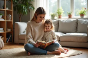 Mère et fille assises sur un parquet en bois lisant un livre illustré ensemble dans un salon familial chaleureux