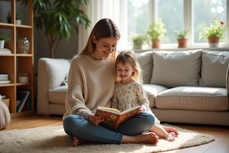 Mère et fille assises sur un parquet en bois lisant un livre illustré ensemble dans un salon familial chaleureux