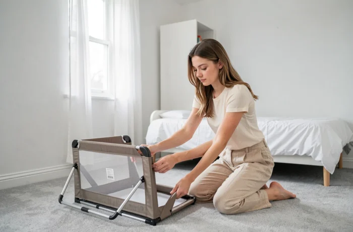 Jeune femme en train de monter un lit parapluie léger dans une petite chambre aux murs blancs et moquette grise