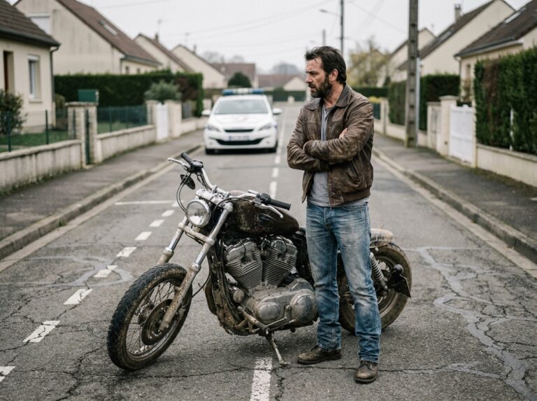 Motard inquiet au bord de la route face à une voiture de police, moto non homologuée garée à côté de lui dans un quartier urbain français