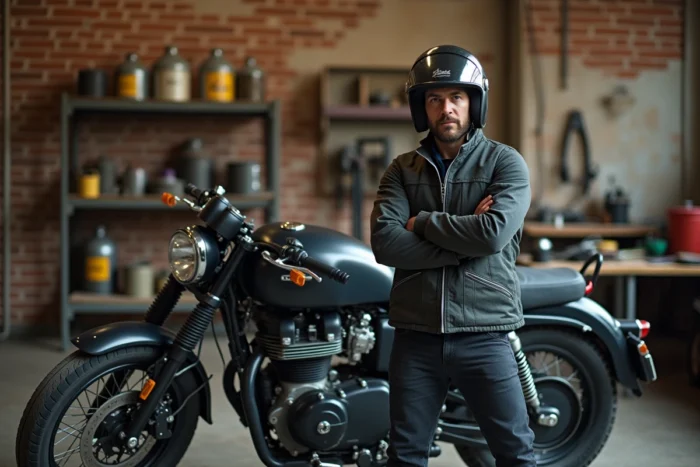 Motard du Motor X Club appuyé contre sa moto dans un atelier mécanique, veste de protection et casque intégral, atmosphère de club passionné