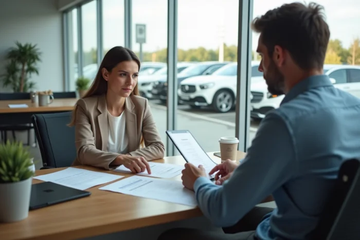 Femme négociant l'achat d'une voiture d'occasion avec un vendeur dans un bureau de concession