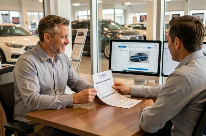 Homme négociant une offre automobile avec un conseiller commercial dans un bureau de concession