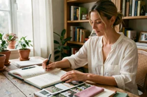 Femme organisant son mariage avec un carnet de planification mariage ouvert sur un bureau en bois