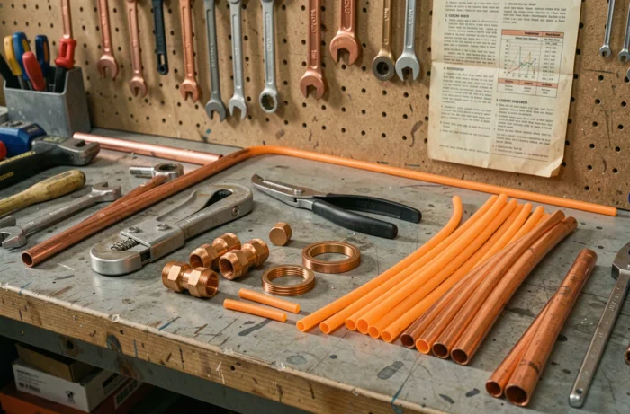 Outils et matériaux pour raccorder du PER sur du cuivre disposés sur un établi de plombier professionnel