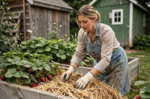 Femme appliquant du paillis de paille autour de plants de fraisiers dans un potager surélevé en bois