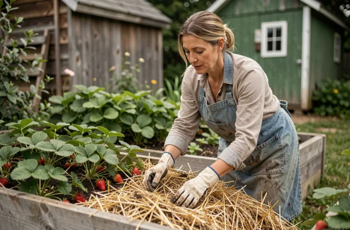 Femme appliquant du paillis de paille autour de plants de fraisiers dans un potager surélevé en bois