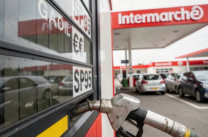 Panneau d'affichage des prix du gasoil et de l'essence à la station-service Intermarché avec tarifs en euros par litre