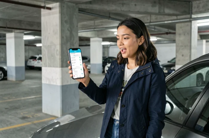 Femme consultant les paramètres de voix sur l'application Waze dans un parking urbain