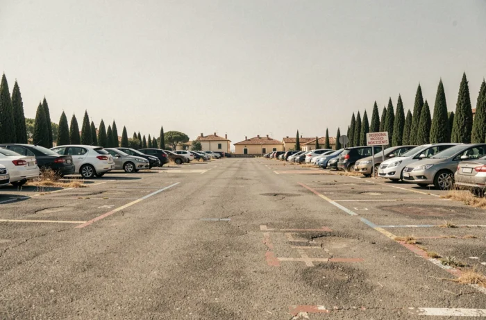 Parking gratuit en bord de mer à Pise avec voitures garées et paysage urbain toscan en arrière-plan