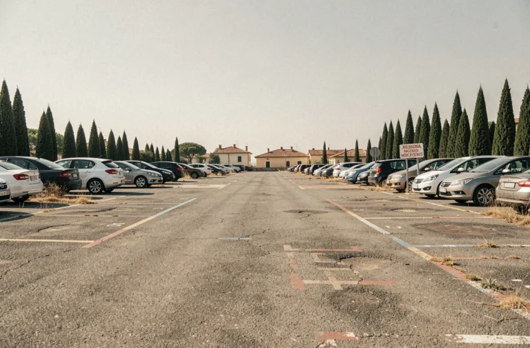 Parking gratuit en bord de mer à Pise avec voitures garées et paysage urbain toscan en arrière-plan