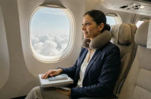 Passagère dans un avion en vol long-courrier Paris-Thaïlande regardant par le hublot
