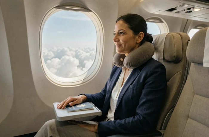 Passagère dans un avion en vol long-courrier Paris-Thaïlande regardant par le hublot