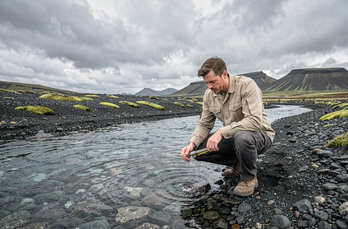 Géographe analysant l'eau d'une rivière glaciaire en Islande dans un paysage volcanique de mousse verte et basalte noir, symbole de résilience climatique