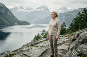 Femme debout sur un sentier côtier norvégien face à un fjord verdoyant et des sommets enneigés, illustrant les pays préservés du réchauffement climatique