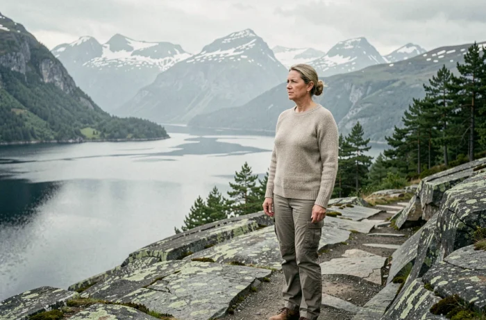Femme debout sur un sentier côtier norvégien face à un fjord verdoyant et des sommets enneigés, illustrant les pays préservés du réchauffement climatique
