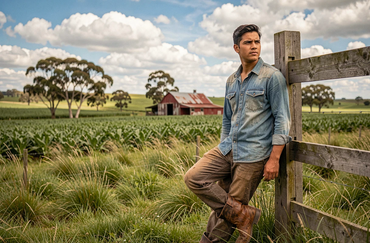 Jeune agriculteur uruguayen appuyé sur une clôture face à des collines verdoyantes et des terres cultivées, illustrant la stabilité climatique de l'Uruguay