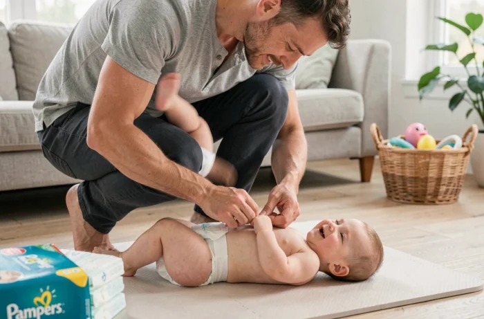 Père changeant la couche de son bébé garçon sur un tapis de jeu dans un salon scandinave, avec un paquet de couches Pampers posé à proximité