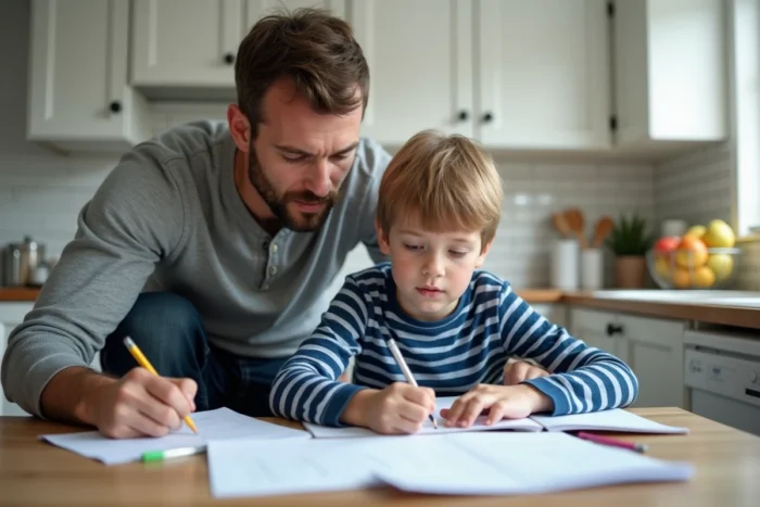 Père aidant son fils à faire ses devoirs à la table de cuisine dans un cadre domestique naturel