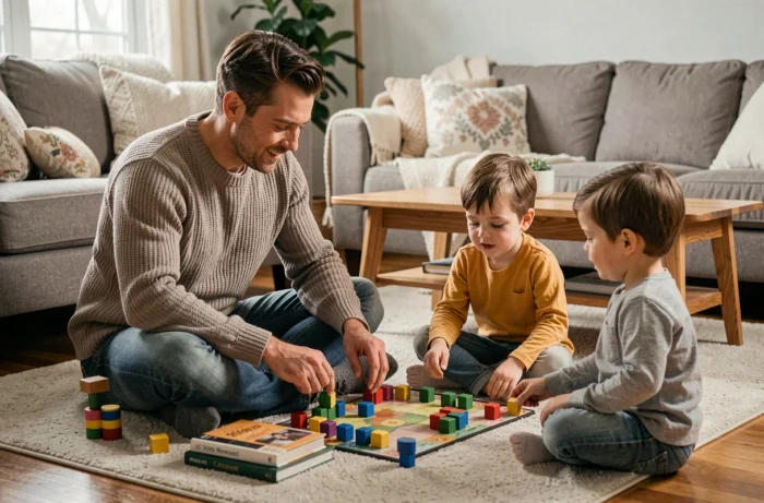 Père jouant à un jeu de société avec ses enfants dans un salon familial confortable