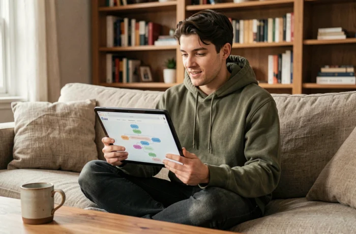 Personne explorant le plan du site d'un service après-vente sur une tablette depuis un canapé confortable à la maison