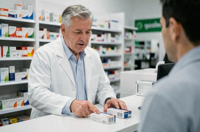 Pharmacien conseillant un patient sur la prise simultanée de Doliprane et Aérius au comptoir