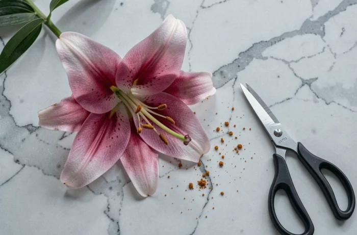 Gros plan d'un lys Stargazer rose sur marbre blanc avec pistil retiré et ciseaux de fleuriste