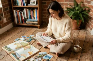 Femme planifiant ses voyages selon les saisons entourée de cartes et de guides de destination