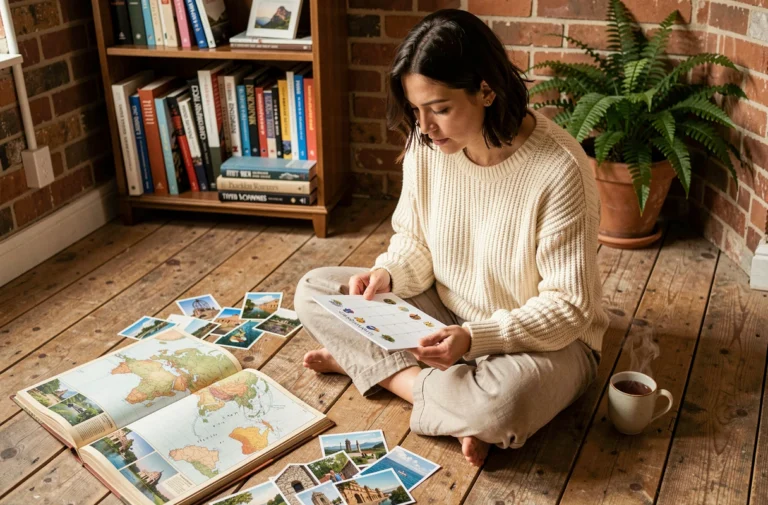 Femme planifiant ses voyages selon les saisons entourée de cartes et de guides de destination