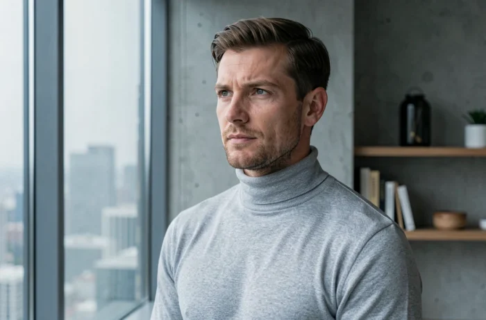 Portrait contemplatif d'un homme en col roulé gris près d'une fenêtre urbaine, capturant une atmosphère introspective liée à une biographie personnelle